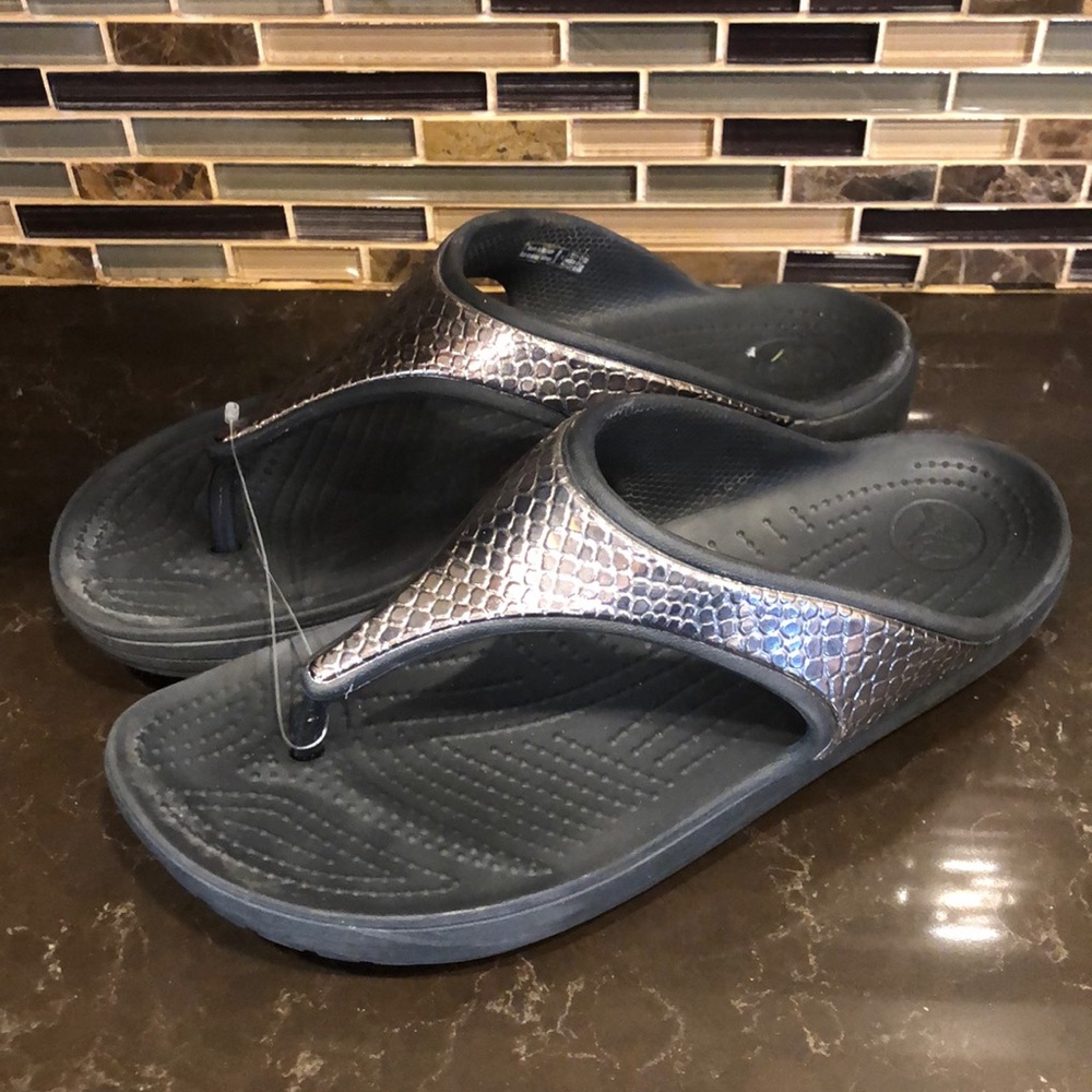 Crocs silver faux snake print sandals